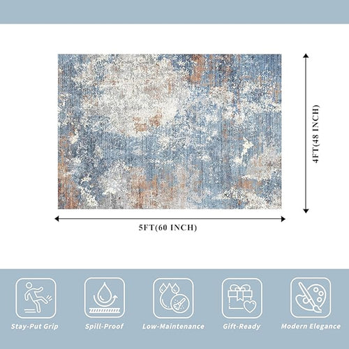 4x5 Washable Entryway Rug – Non-Slip Low Pile Throw Area Rug for Bathroom Kitchen Living Room Bedroom – Modern Abstract Neutral Soft Indoor Small Carpet (Blue Rust,4x5)