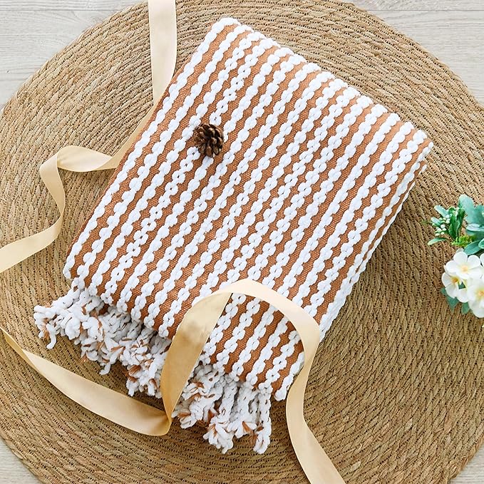 Striped Knit Throw Blanket with Braided Tassels 50" x 60", Hand Knitted Soft Chunky Chain Design Boho Farmhouse Blanket, Two Tone Tassel Decor Throw for Couch Bed Sofa Outdoor, Camel White