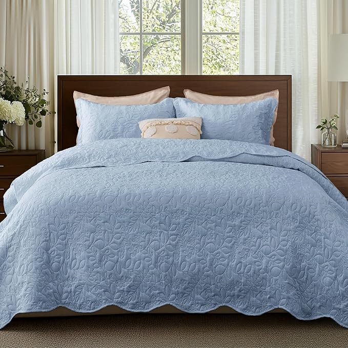 Bedsure Quilts Queen Size - Ultra Soft Pre-Washed Cloud-Like Bedding, All-Season Lightweight Comforter for Country Bedroom, Leaf Design Coverlet in Mineral Blue, 90 x 96 Inches | Stitch-Free Quilting, Ultra Soft, Lightweight, Machine Washable, Pet-Frie...