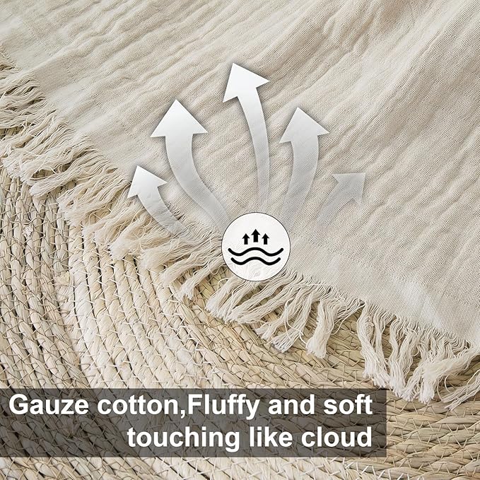 Cotton Muslin Throw Blanket with Tassels, Lightweight Woven Gauze, Pre-Washed Breathable Farmhouse Decor for Bed, Couch, All-Season Use (Beige, 50" x 60")