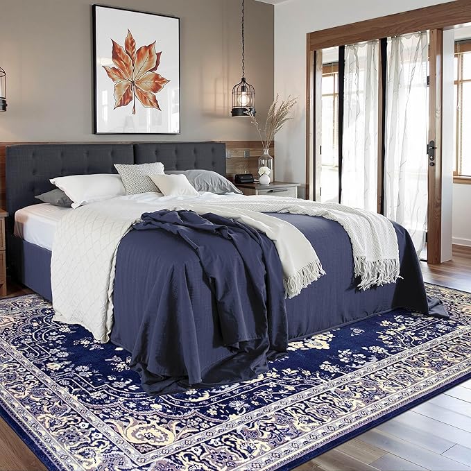 CRYPTOLITE Living Room Rug 7x10, Machine Washable Area Rug Non Slip Low Pile Rug for Living Room, Bedroom, Farmhouse, Dining Room, Navy Blue