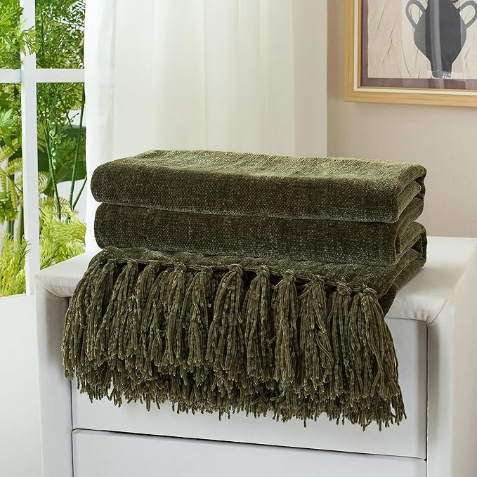 Chenille Throw Blanket for Couch with Tassels,60"X80" Soft Cozy Lightweight Knitted Boho Decorative Blankets for Bed and Sofa,Olive Green