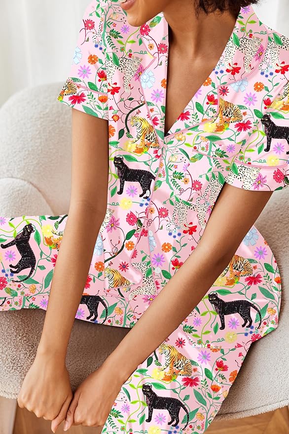 Ekouaer Silk Satin Pajamas Set Women Short Sleeve Sleepwear Soft Button Down Loungewear Pjs Set