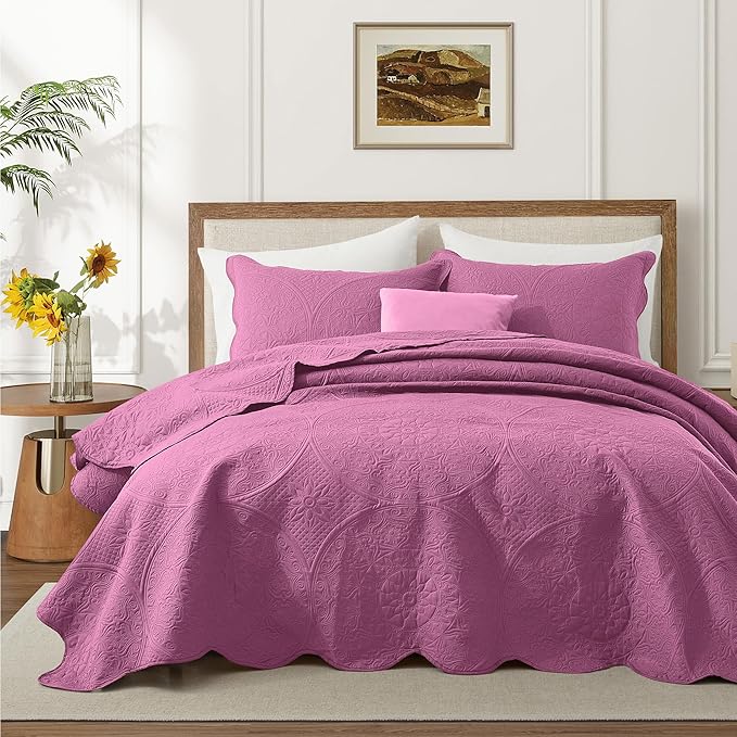 IR Imperial Rooms 8 Pack Quilt King Size Bedding (106" x 96") - Bulk Wholesale for Hotels, Guest Bedroom & Airbnbs - Lightweight Microfiber Reversible Floral Embossed Quilts Bedspreads (Purple)