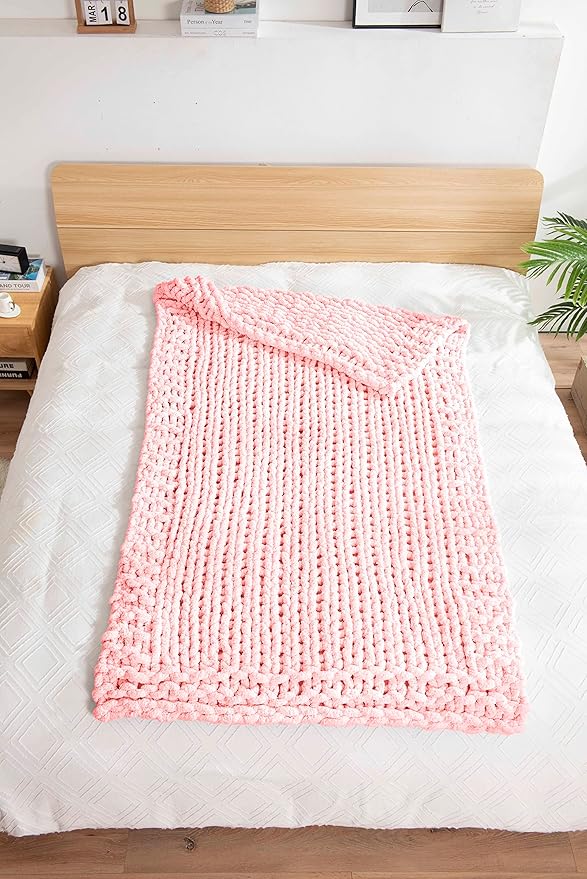 clootess Chunky Knit Blanket Knitted Throw Crochet Chenille Yarn Woven for Bed Sofa Textured Thick Cable Decor (Pink 40x60 in)