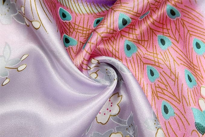 Valennia Women Long Silky Bathrobe Satin Kimono Robe Floral Printed Dressing Gown Sleepwear
