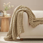Amélie Home Chunky Knit Throw Blanket for Couch, Soft Chenille Handmade Crochet Throw Rope Knot Blanket for Couch, 50"x60", Beige