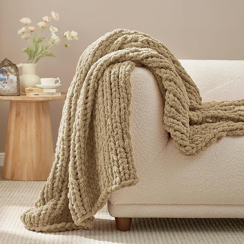 Amélie Home Chunky Knit Throw Blanket for Couch, Soft Chenille Handmade Crochet Throw Rope Knot Blanket for Couch, 50"x60", Beige
