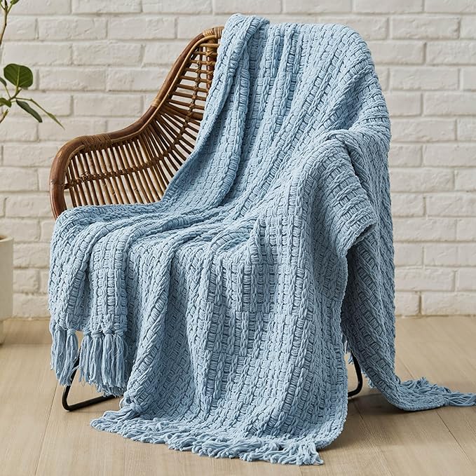 Bedsure Blue Throw Blankets for Couch - Textured Chunky Knit Woven Chenille Blanket - Super Soft, Warm Decorative Boho Throw with Tassels for Bed, Sofa and Living Room Decor, 50x60 Inches