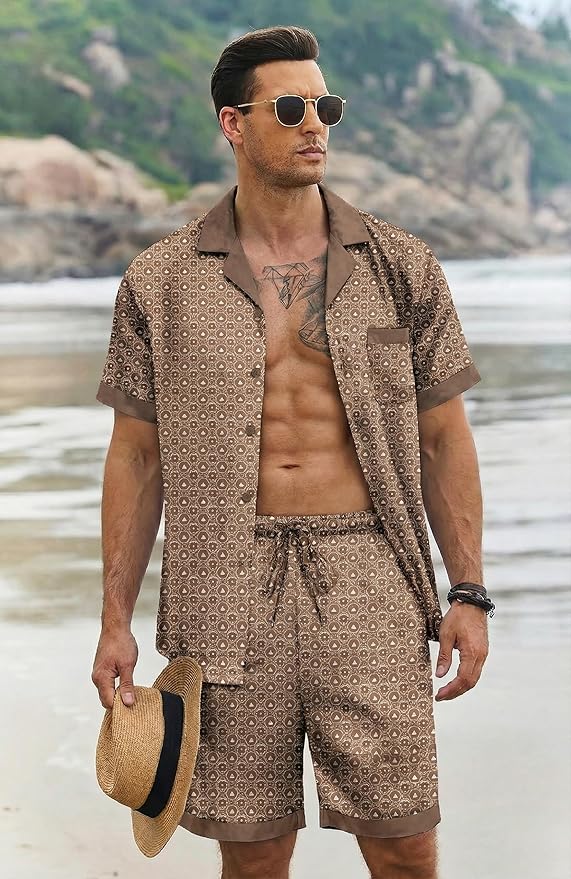 Ekouaer Men Satin Silk Pajamas Set with Pockets Sleepwear Shorts Satin Summer Loungewear 2 Piece Button Down Set S-3XL