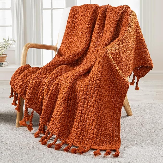 Home Soft Things Chunky Knit Basket Weave Throw Blanket 50"x60" - Boho Soft Microfiber with Braided Tassels - All Season Cozy Decorative Throw for Couch, Sofa, Bed, Indoor & Outdoor - Rust