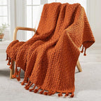 Home Soft Things Chunky Knit Basket Weave Throw Blanket 50"x60" - Boho Soft Microfiber with Braided Tassels - All Season Cozy Decorative Throw for Couch, Sofa, Bed, Indoor & Outdoor - Rust