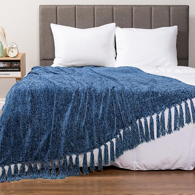 Pavilia Blue Throw Blanket, Twin Size, Chenille, Knit Woven with Tassel, Decorative Textured, 60x80