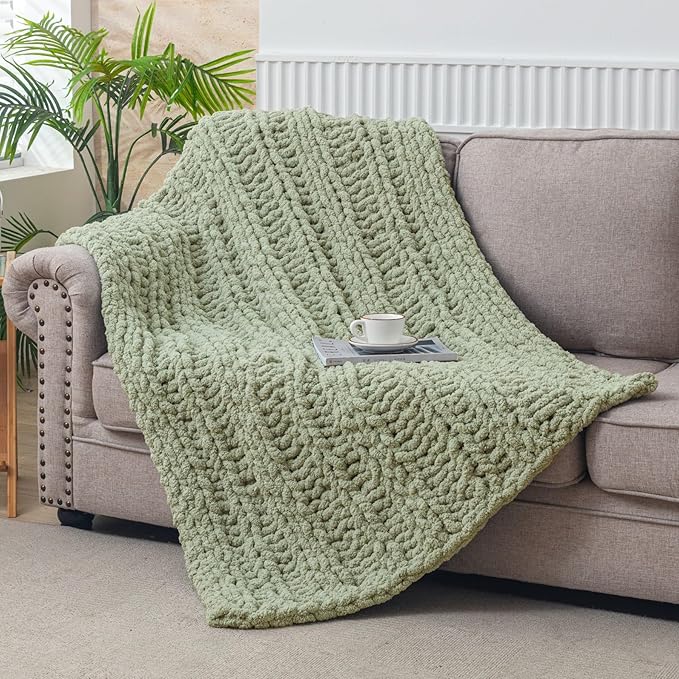 WESHIONGOO Chunky Knit Blanket Throw 40"×60" Knitted Throw Blankets for Couch Bed Fluffy Soft Blanket with Jumbo Chenille Yarn Thick 100% Handmade(Sage Green, Medium Size Throw)