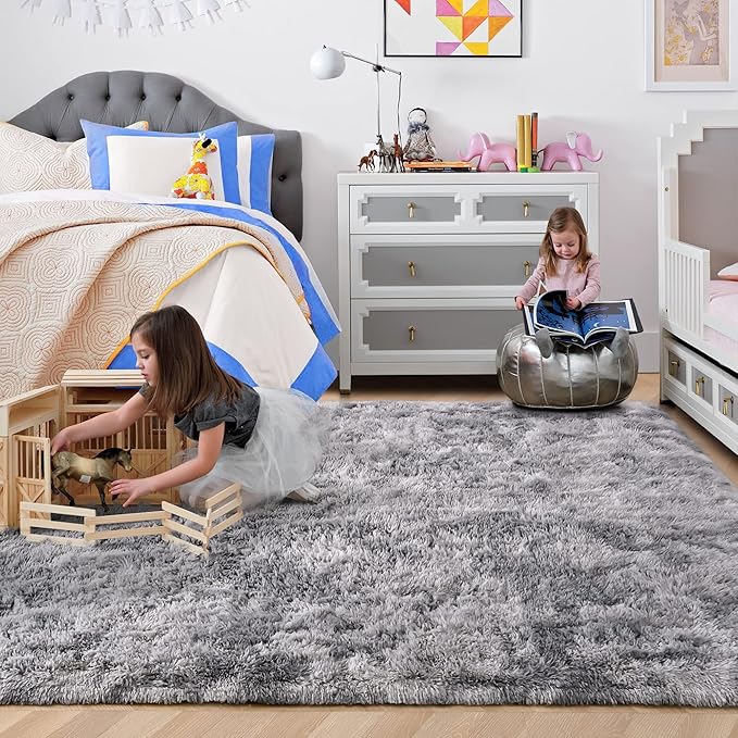 ISEAU Super Soft Rugs for Bedroom Shaggy Area Rug, 3x5 Feet Tie-Dye Shaggy Carpet Mats for Dorm, College, Apartment, Living Room, Non-Slip Abstract Fuzzy Rugs for Girls Boys Kids Room, Light Grey