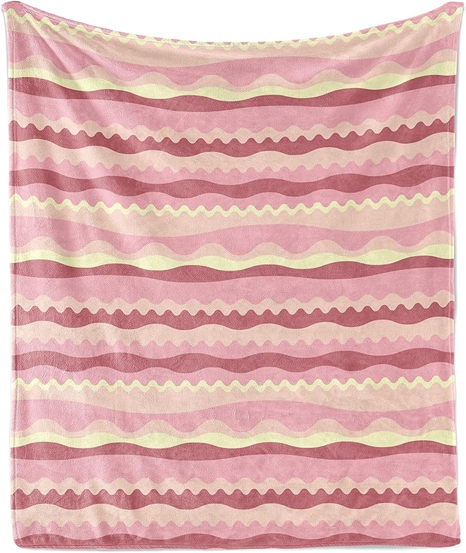 Lunarable Dusty Rose Throw Blanket, Doodle Style Waves Horizontal Stripes Simplistic Cheerful, Flannel Fleece Accent Piece Soft Couch Cover for Adults, 50" x 70", Dried Rose Pale Pink