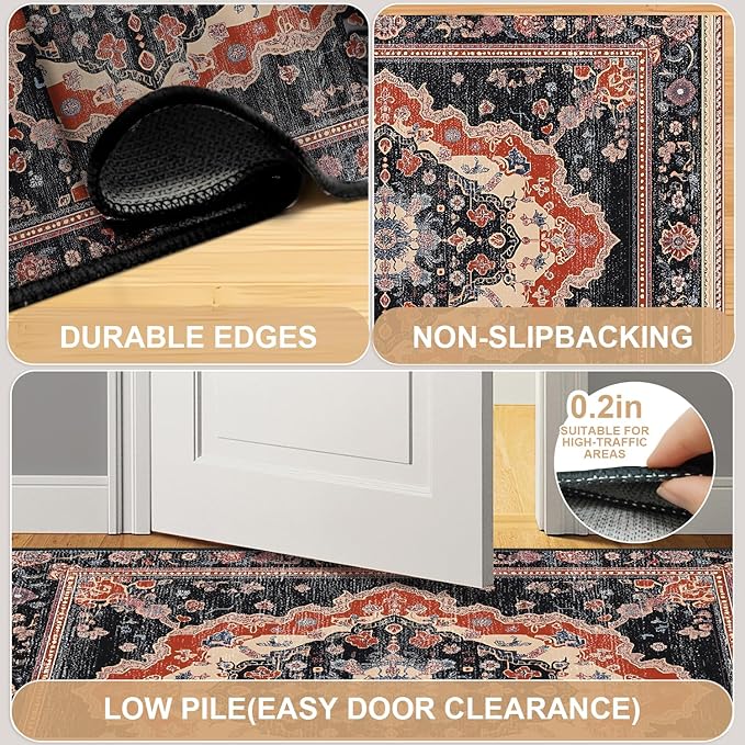 Area Rug 2x3 ft Rug Washable Boho Rugs Non Slip Low Pile Floral Small Carpet for Bedroom, Bedside, Kids Room, Office, Dining Room (Retro Colors, 2x3 ft)