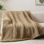Negwoo Chunky Knit Throw Blanket, 60''*80'' Knitted Throw Chenille Yarn for Bed Couch, Handmade Light Brown Crochet Big Thick Blanket, Machine Washable Cute Comfy Blanket for Home Decor