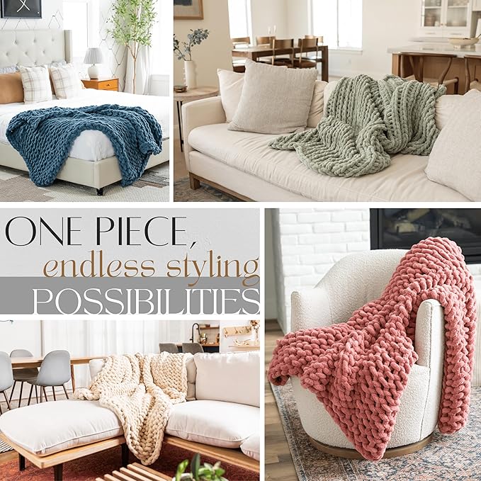 SAMIAH LUXE Chunky Knit Blanket Throw 50x60", Grey Chenille Chunky Knit Throw Blanket for Living Room Decor or Boho Decor, Thick Yarn Knitted Blankets for Couch or Bed, Cable Knitted Crochet Blankets