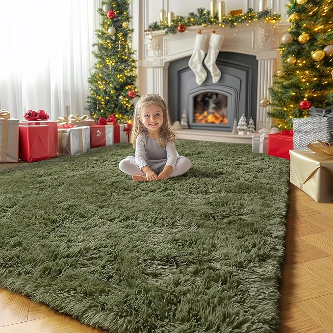 Amdrebio Olive Green Fluffy Area Rugs for Bedroom Living Room, 5x7 Shaggy Modern Cool Rugs for Girls Boys Kids Room Decor, Soft Plush Fuzzy Furry Carpet for Classroom Nursery Dorm Playroom Apartment