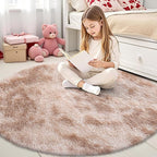 OLANLY Beige Tie-dye Round Rugs for Bedroom - Machine Washable, 4x4 Feet Circle Area Rugs for Living Room, Soft and Fluffy Shaggy Carpet for Girls and Boys, Nursery Rooms, Dorms, Home Decor Aesthetic