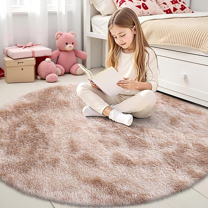 OLANLY Beige Tie-dye Round Rugs for Bedroom - Machine Washable, 4x4 Feet Circle Area Rugs for Living Room, Soft and Fluffy Shaggy Carpet for Girls and Boys, Nursery Rooms, Dorms, Home Decor Aesthetic