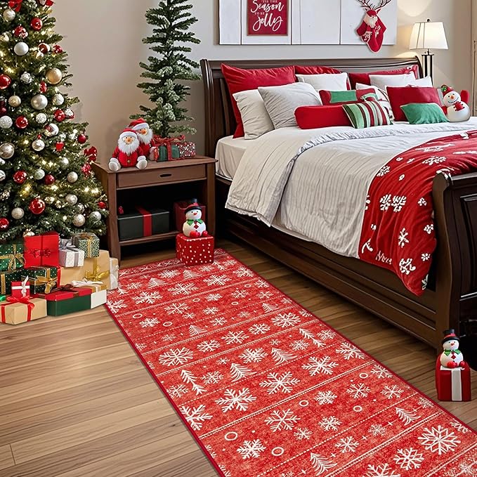 XLUEZ Runner Rug 2x6 Christmas Rugs, Machine Washable Kitchen Runner Boho Christmas Tree Snowflake Rug Non-Slip Soft Low Pile Hallway Rugs for Entryway Bedroom Bathroom Laundry(Xmas Red, 2'x6')