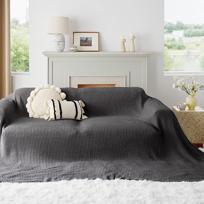 Bedsure Gentlesoft 100% Cotton Big Blanket Oversized King for Bed - Large Breathable Thick Cooling Waffle Weave Blanket for Summer, Couch Cover, Dark Grey, 120x94 inches
