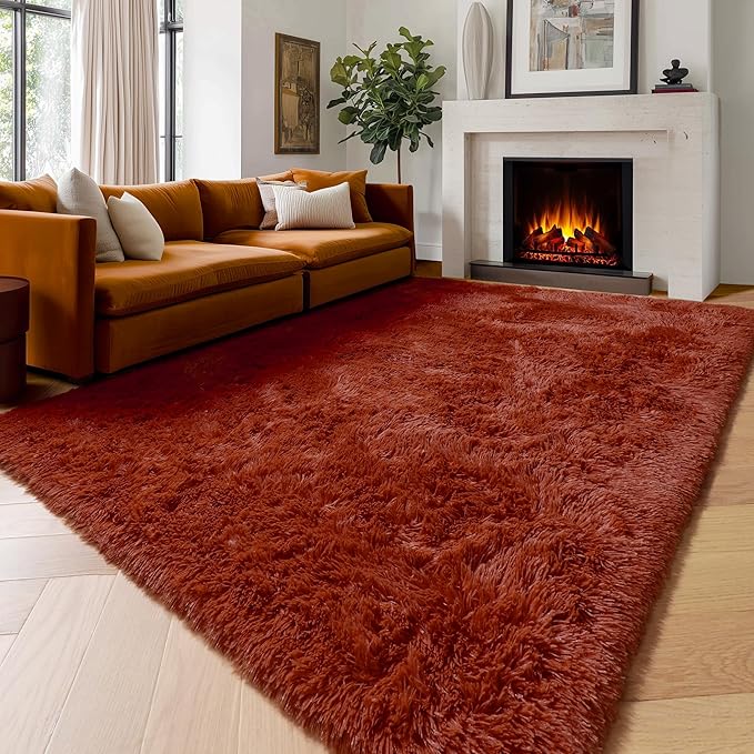 Amdrebio Terracotta Rust Large Area Rug 8x10 for Living Room Bedroom, Fluffy Fuzzy Shaggy Furry Rugs for Kids Room Decor Aesthetic, Big Cute Plush Shag Rustic Carpet for Classroom Playroom Nursery