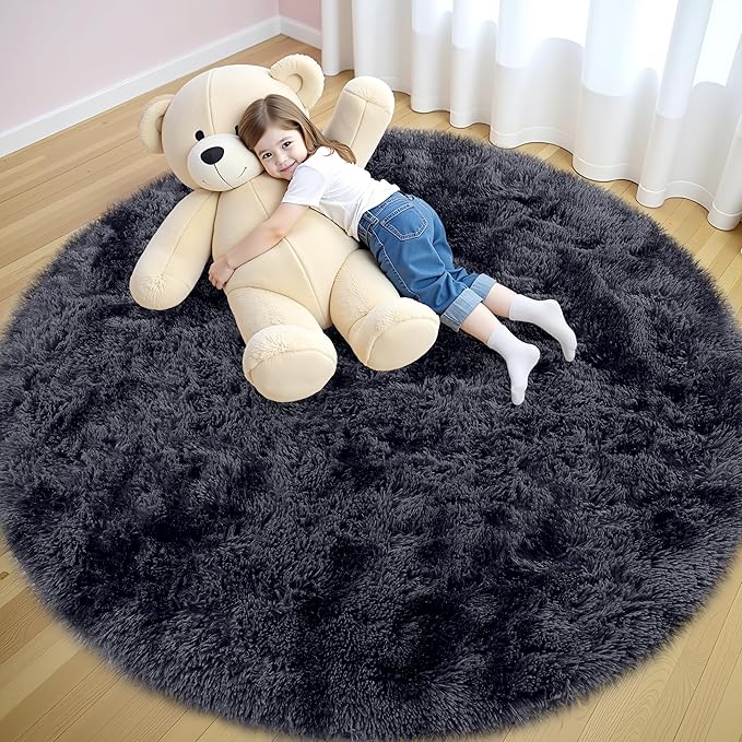 OLANLY Deep Grey Tie-dye Round Rugs for Bedroom - Machine Washable, 5x5 Feet Circle Area Rugs for Living Room, Soft and Fluffy Shaggy Carpet for Teen Girls and Boys, Dorms, Home Decor Aesthetic