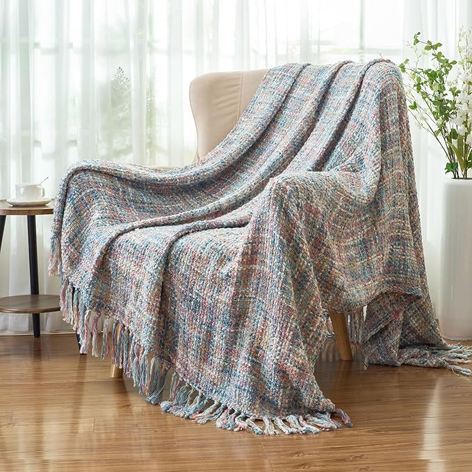 Multi-Color Pink Blue Cable Woven Throw Blanket for Couch,60"X80" Boho Style Textured Blankets for Home Decor,Super Soft Warm Cozy Chunky Blanket with Decorative Tassels for Bed