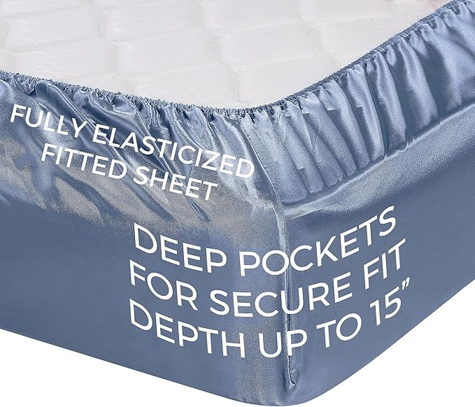 Pure Bedding Satin Sheets Twin [3-Piece, SkyBlue] Hotel Luxury Silky Bed Sheets - Extra Soft 1800 Microfiber Sheet Set, Wrinkle, Fade, Deep Pocket Fitted Sheet, Flat Sheet, Pillow Cases