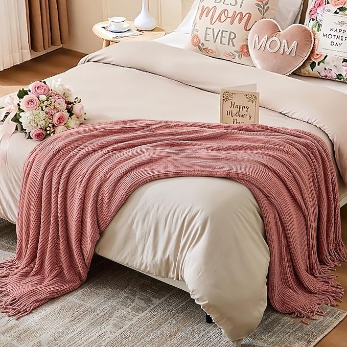 inhand Coral Pink Chunky Chenille Throw Blanket for Couch Bed, Mothers Day/Mom Birthday Gifts for Mom from Daughter Son,Soft Boho Knitted Blanket,Cozy Decor for Living Room,60"x80",Medium Thick