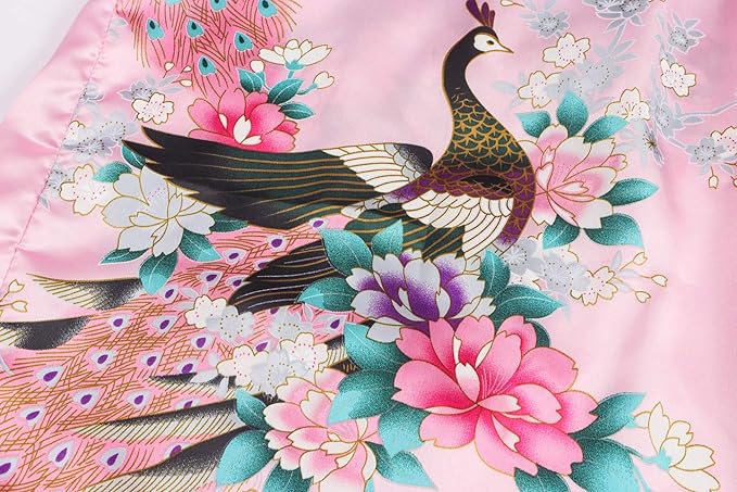 Women's Short Kimono Robes Bride and Bridesmaid Satin Floral Bathrobe Peacock Sleepwear Dressing Gown for Wedding Party
