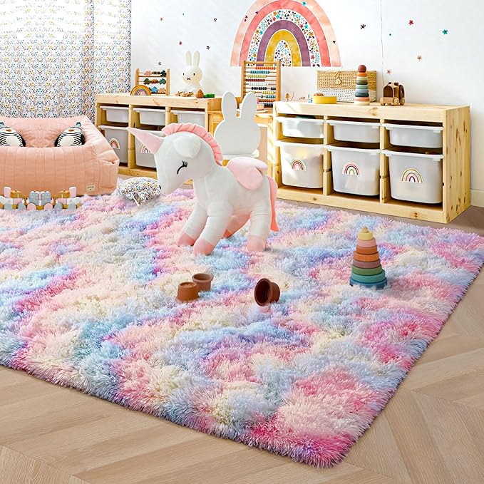 ISEAU Rainbow Rug for Girls Bedroom, 3 x 5 Feet Fluffy Area Rugs for Living Room, Ultra Kawaii Abstract Shaggy Colorful Carpet, Fuzzy Cute Unicorn Rug for Kids Girl Room Decor