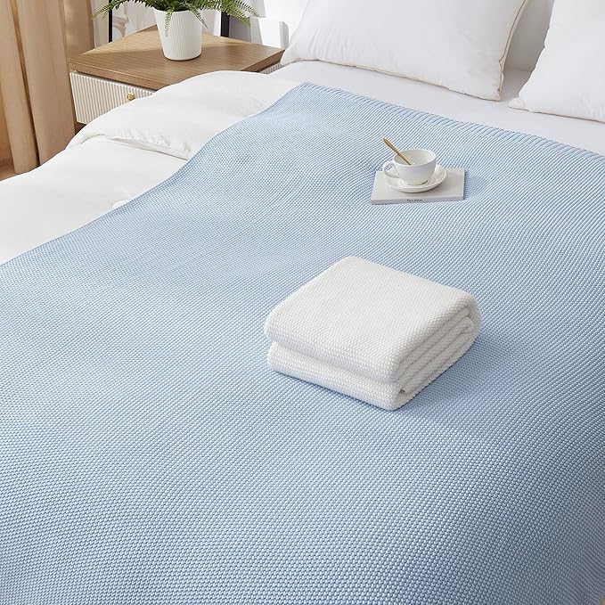 Longhui bedding 100% Cotton Light Blue Cable Knit Throw Blanket for Couch Sofa Bed Home Décor – Lightweight 50“ x 60”, Bonus Laundering Bag, Machine Washable