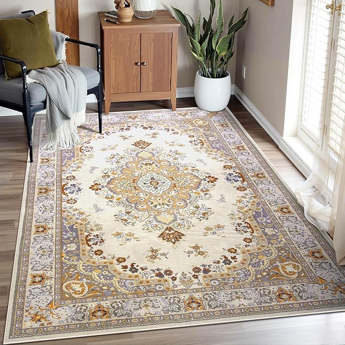 CRYPTOLITE Vintage Area Rug 5x8 Rugs, Machine Washable Vintage Area Rug Non-Slip Low Pile Large Rug for Living Room, Bedroom, Farmhouse, Dining Room, Beige