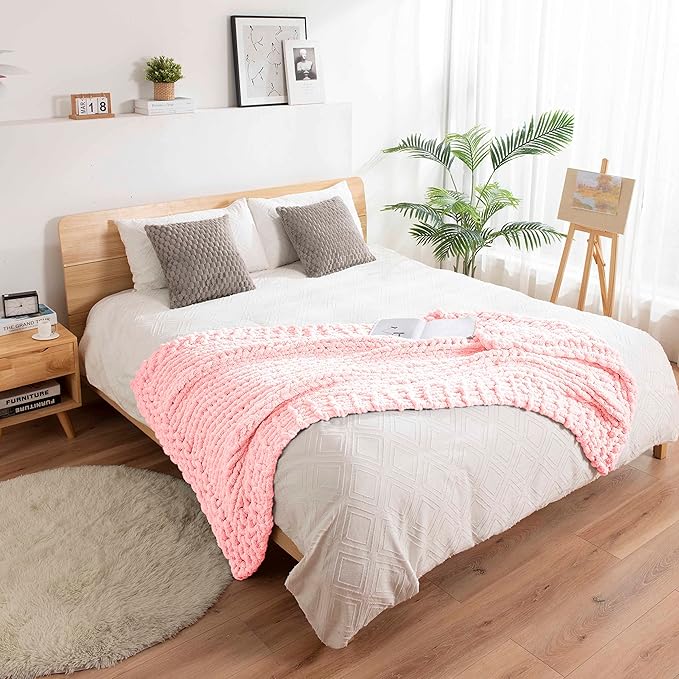 clootess Chunky Knit Blanket Knitted Throw Crochet Chenille Yarn Woven for Bed Sofa Textured Thick Cable Decor (Pink 40x60 in)