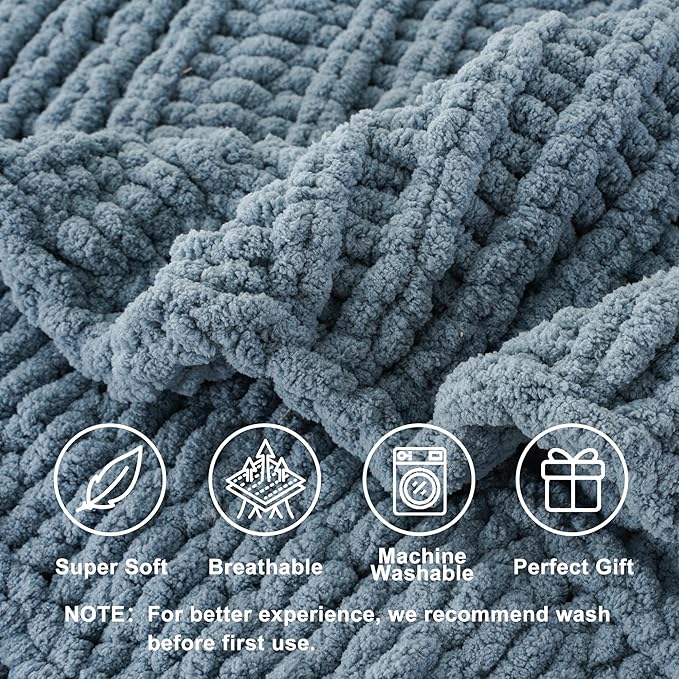 Battilo Bluish Grey Chenille Throw Blanket, Chunky Knit Throw Blanket for Couch, Soft Cozy Warm Cable Knit Blankets for Bed, Sofa, Living Room, 50"x60"
