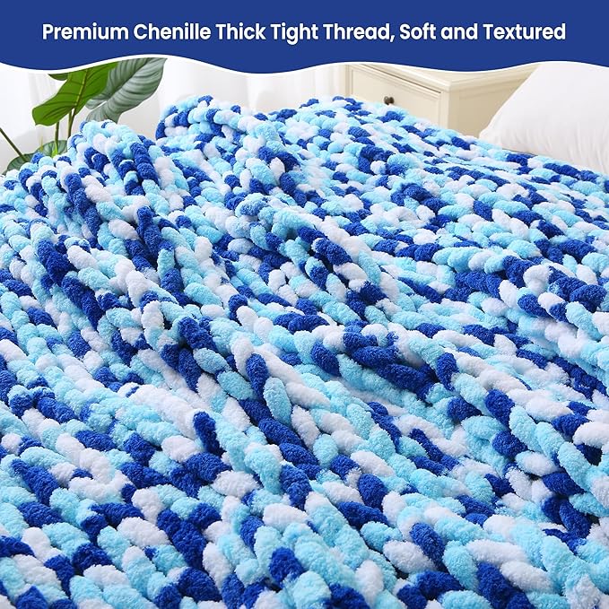 Mooreeke Chunky Knit Blanket 50"x60", Soft Chenille Throw Blanket Cozy 100% Handmade Crochet Gift Blankets with Jumbo Chenille Yarn for Couch Bed Sofa Room Decor - Blue and White