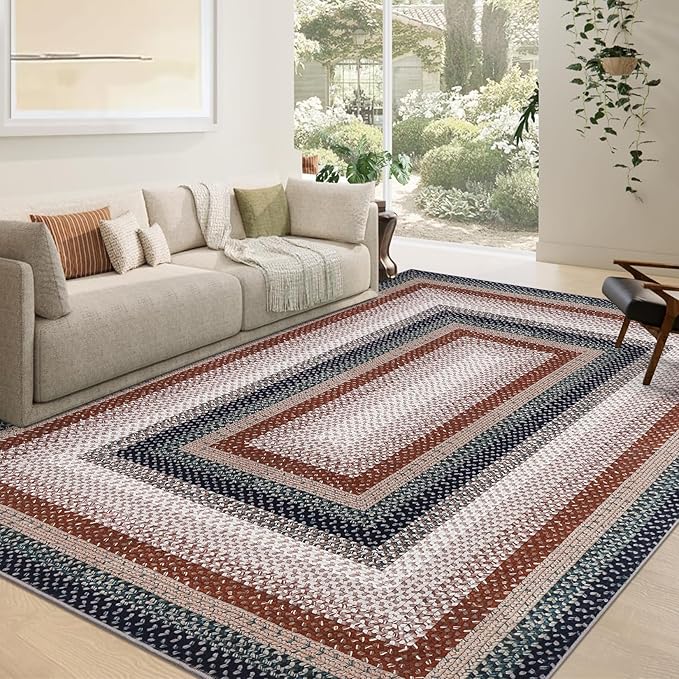 RUGSREAL 9x12 Braided Area Rug Washable Living Room Rug Modern Braid Printed Large Bedroom Rug Dining Room Throw Carpet with Rubber Backing Farmhouse Accent Carpet for Home Decor Office, Olive/Brown