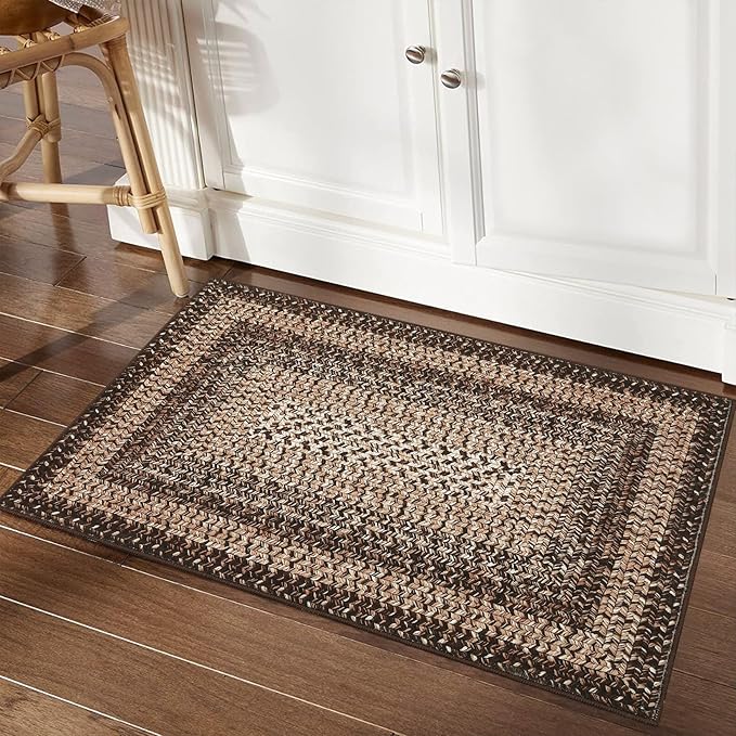 RUGSREAL 2x3 Entry Rug Small Bedroom Area Rug Braided Printed Mat for Living Room Farmhouse Kitchen Mat Indoor Non Slip Rustic Throw Carpet Machine Washable Rug for Sink Under Table, Brown