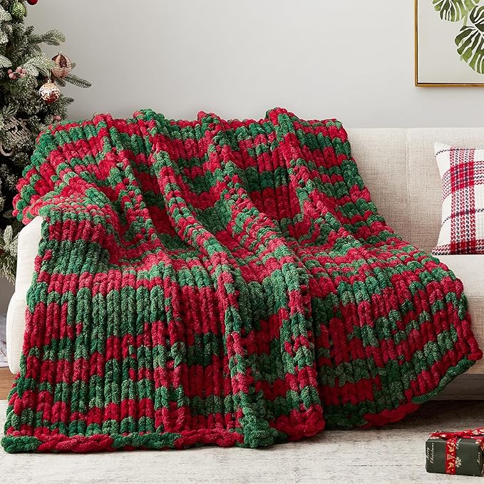 Negwoo Chunky Knit Throw Blanket, 30''*40'' Knitted Throw Chenille Yarn for Bed Couch, Handmade Stripe Crochet Big Thick Blanket, Machine Washable Cute Comfy Blanket for Home Decor