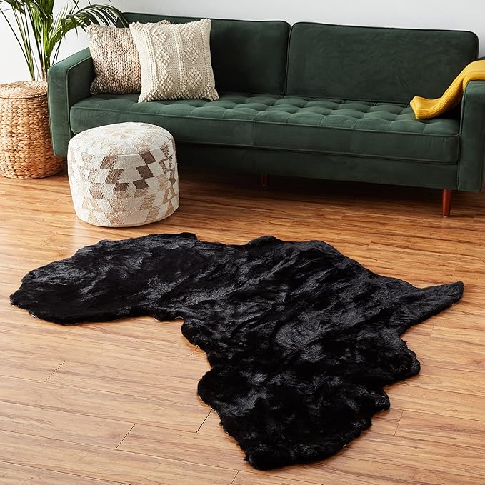 Lith Home African Decor for Home/Faux Rabbit Fur Area Rug Throw/Client Call It Impactful Gift - Soft Plush Luxurious Nursery, Living and Bedroom Floor, Chair Couch Sofa Bed Cover- 6x6 ft (Black)