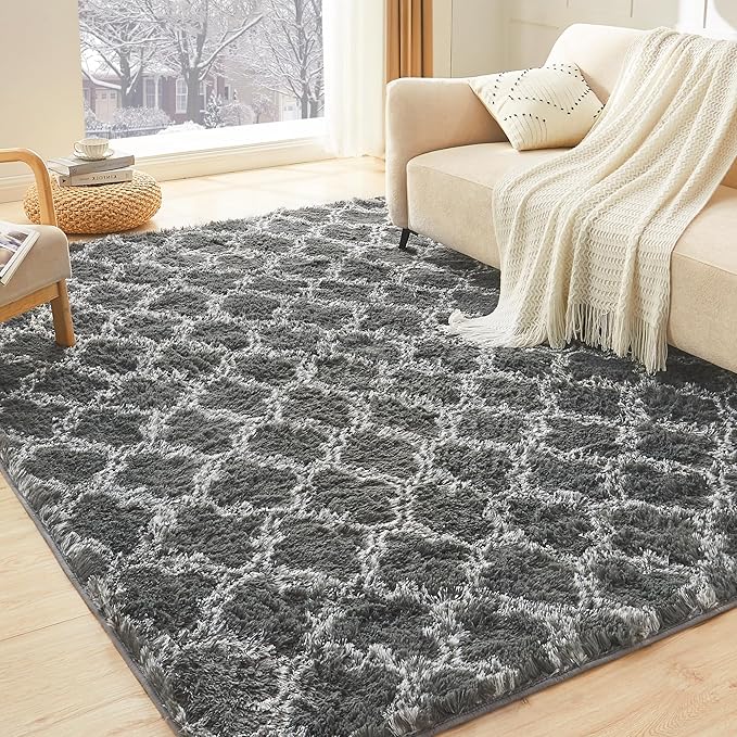 Litanika 4x6 Geometric Shag Area Rug for Bedroom, Dark Grey and White High Pile Ultra Soft Plush Shaggy Furry Bedside Playroom Dorm Carpet, Non-Slip, Non-Shedding Indoor Floor Rug