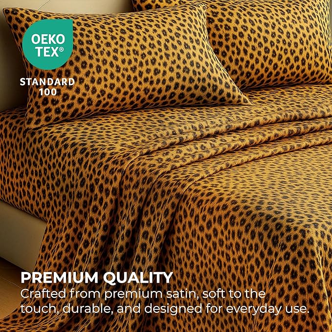 Satin Sheets Full [4-Piece, Gold Leopard] Hotel Luxury Silky Bed Sheets - Extra Soft 1800 Microfiber Sheet Set, Wrinkle, Fade, Stain Resistant - Deep Pocket Fitted Sheet, Flat Sheet, Pillow Cases