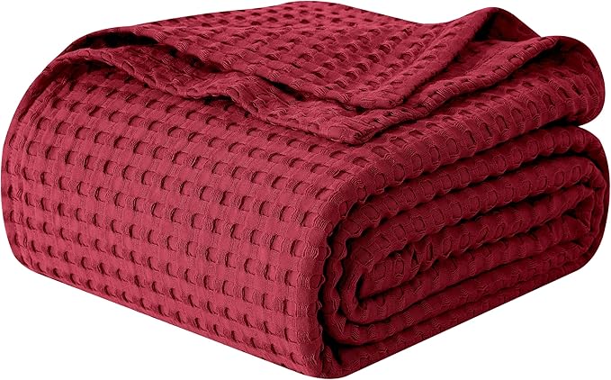 Elegant Comfort Premium 100% Cotton Waffle Blanket - Lightweight Breathable Waffle Weave Bed Blanket - Soft and Warm All Season Blanket for Couch, Sofa and Bed, Queen Size 90x90 Inches, Burgundy