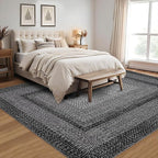 Large Bedroom Rug 6x9 Machine Washable Rug Braided Print Boho Throw Floor Cover Farmhouse Rustic Dining Room Carpet Geometric Bordered Braided Carpet for Living Room Home Office, Black
