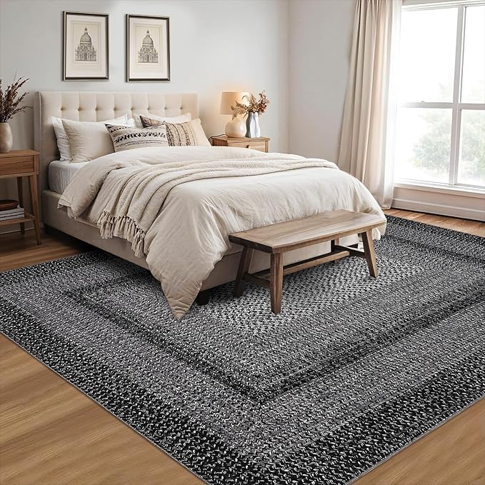 RUGSREAL Washable Rugs 5x7 Living Room Boho Throw Rug Stain Resistant Braided Print Border Large Carpet for Bedroom with Rubber Backing Low Pile Farmhouse Rustic Rug for Home Decor Office, Black