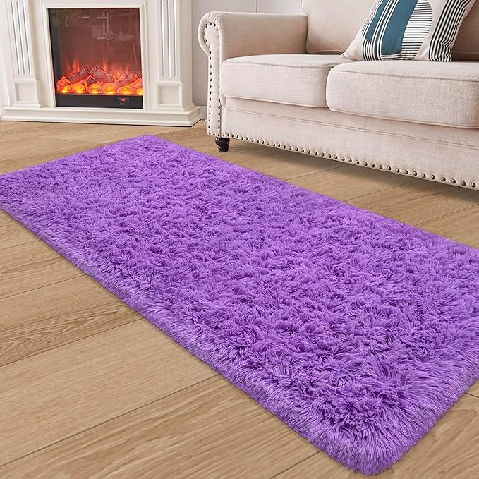 Runner Rug for Bedroom 2x6 Purple Fluffy Shaggy Rug Soft Plush Fuzzy Area Rug Bedside Runners for Hallway Kids Nursery Dorm Playroom Living Room with Non Slip Modern Indoor Decor Carpet